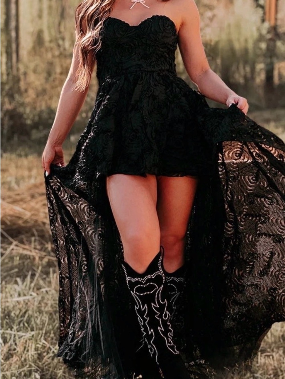 Luxxel Black Strapless High-Low Lace Dress